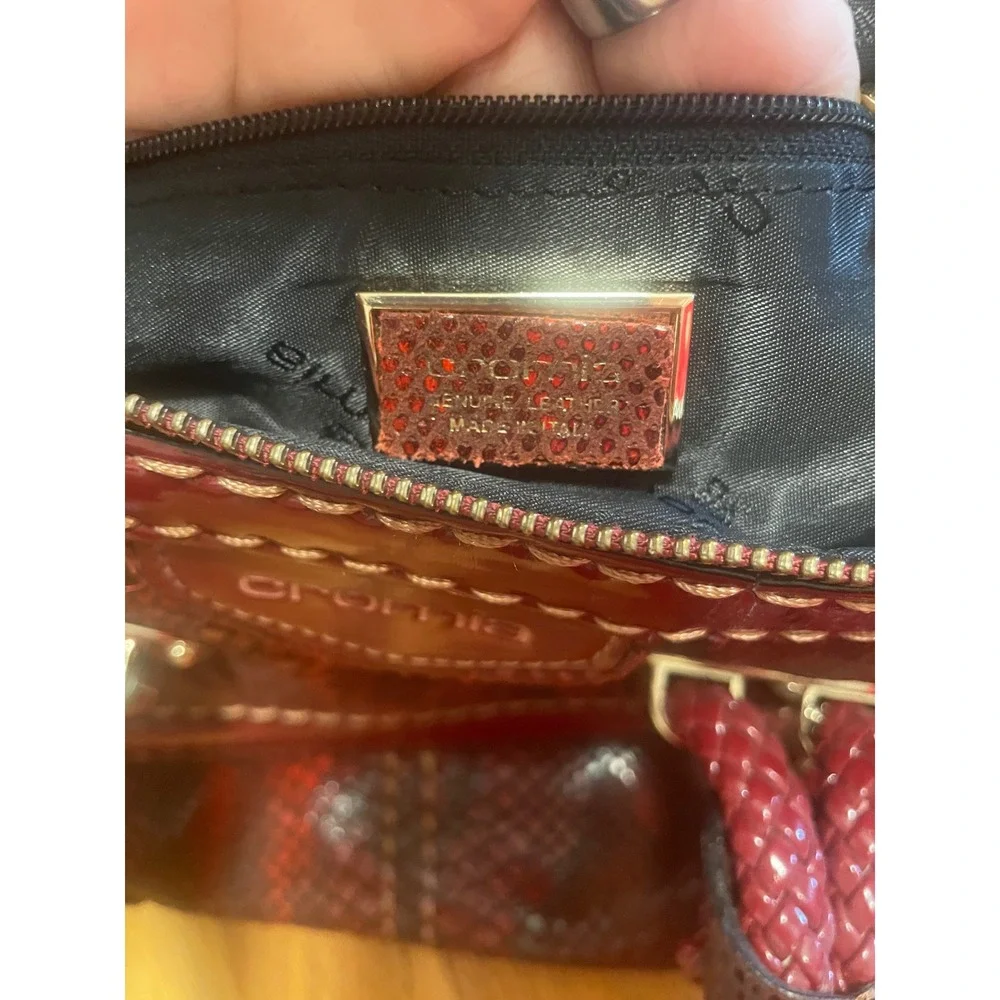 Cromia Leather Satchel Burgundy Red Snakeskin Embossed Patent Trim Italian Made